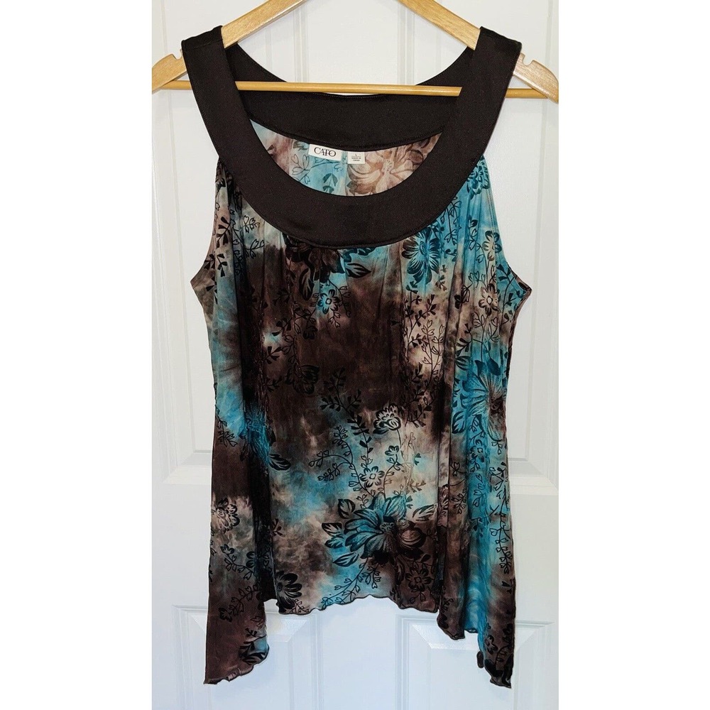 Cato Women's Brown Teal Ombré Embroidered Sleeveless Hi Low Hem Blouse Size L